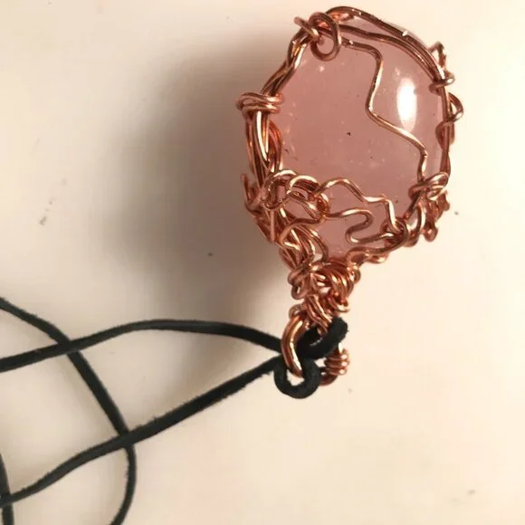Rose Quartz Gemstone Solid Copper Pendant Unisex Genuine Leather Necklace Reiki
